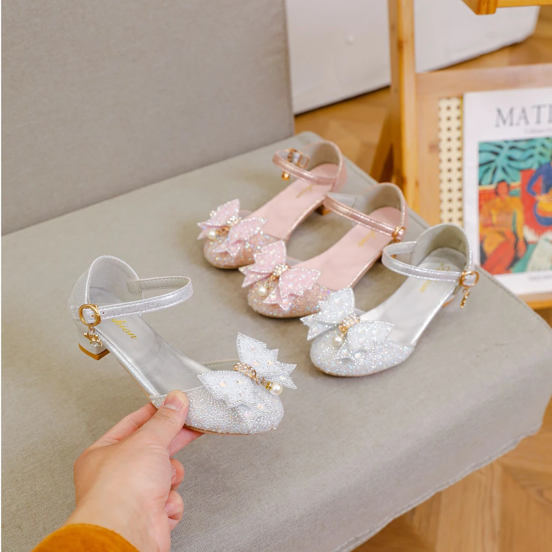 女童凉鞋水钻蝴蝶结可爱小公主宴会春夏时尚小高跟凉鞋