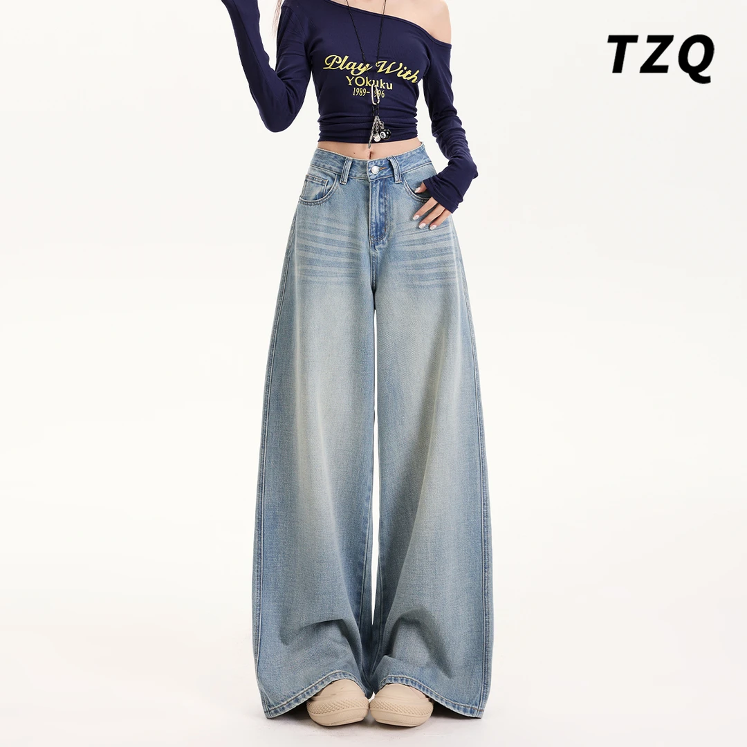 松弛感阔腿牛仔裤女款2025新款高腰显瘦遮肉拖地裤春秋TZQ2581114