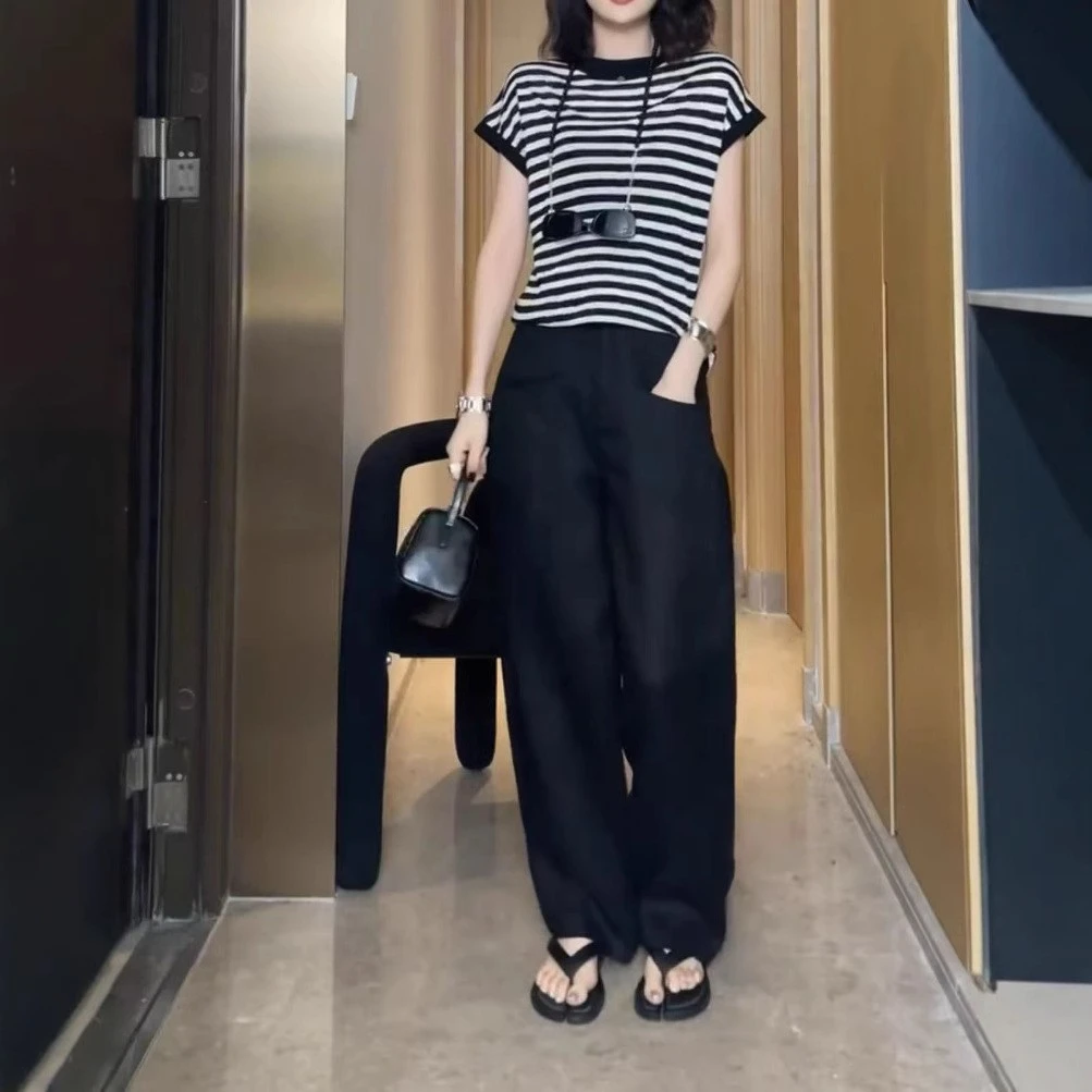 中年女装2025夏季新款时尚短袖条纹T恤休闲阔腿裤洋气显瘦两件套