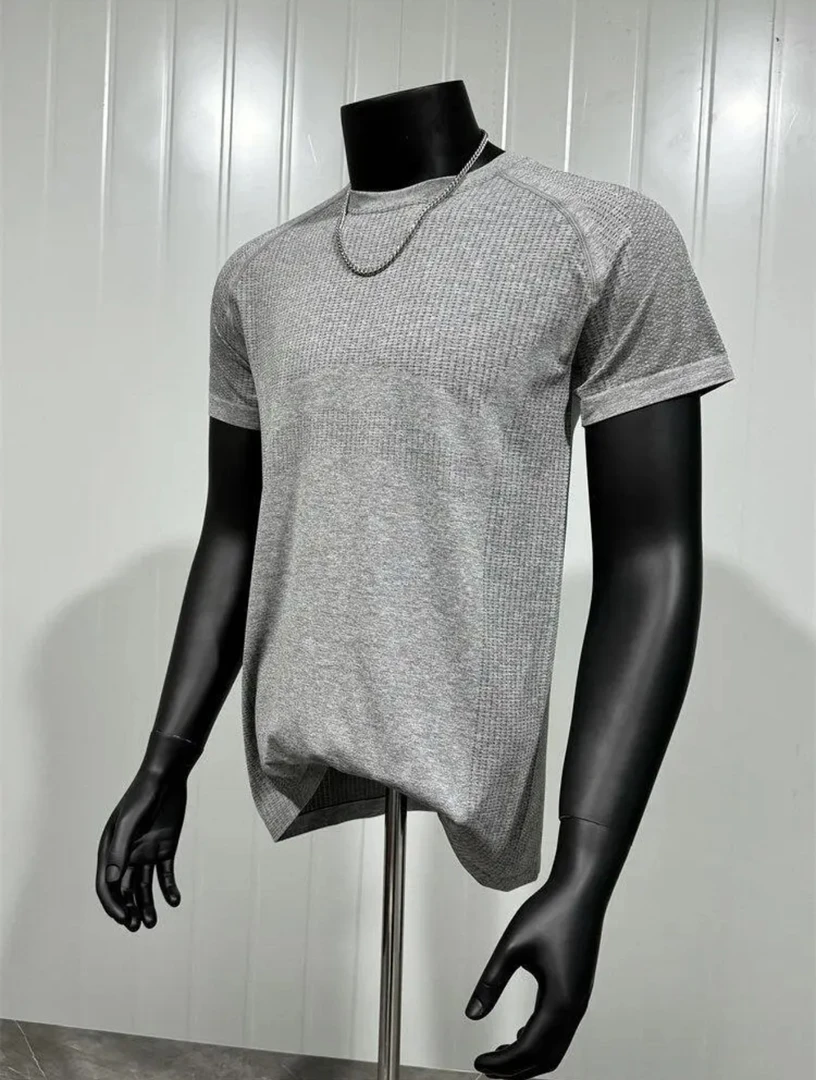 美式无缝提花运动短袖弹力修身纯色速干修身健身显大圆领T恤短袖