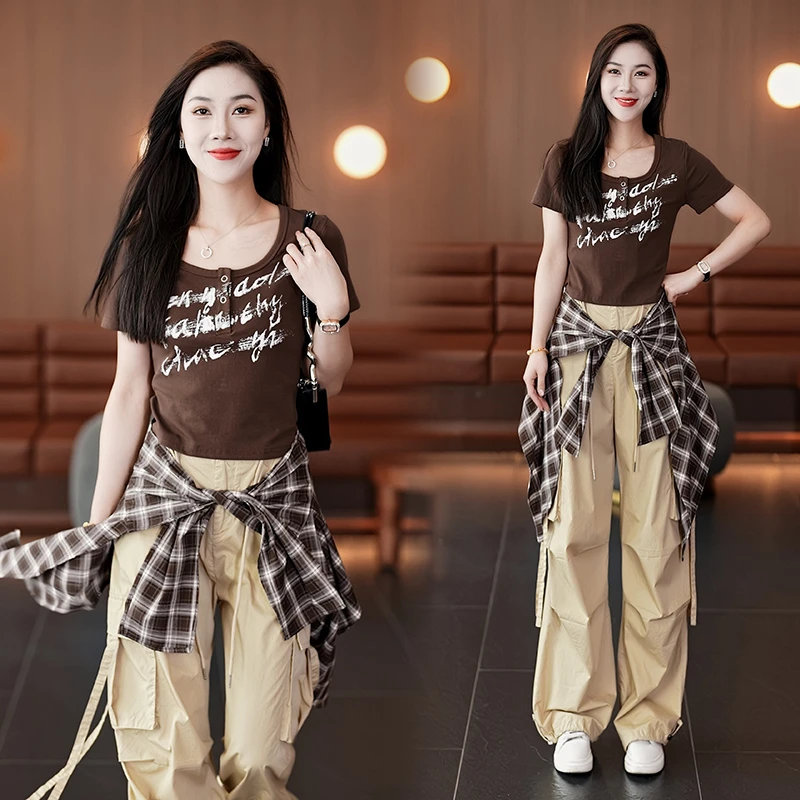 辣妹风短袖印花恤格子屁帘工装阔腿裤俩件套女夏季新款个性套装