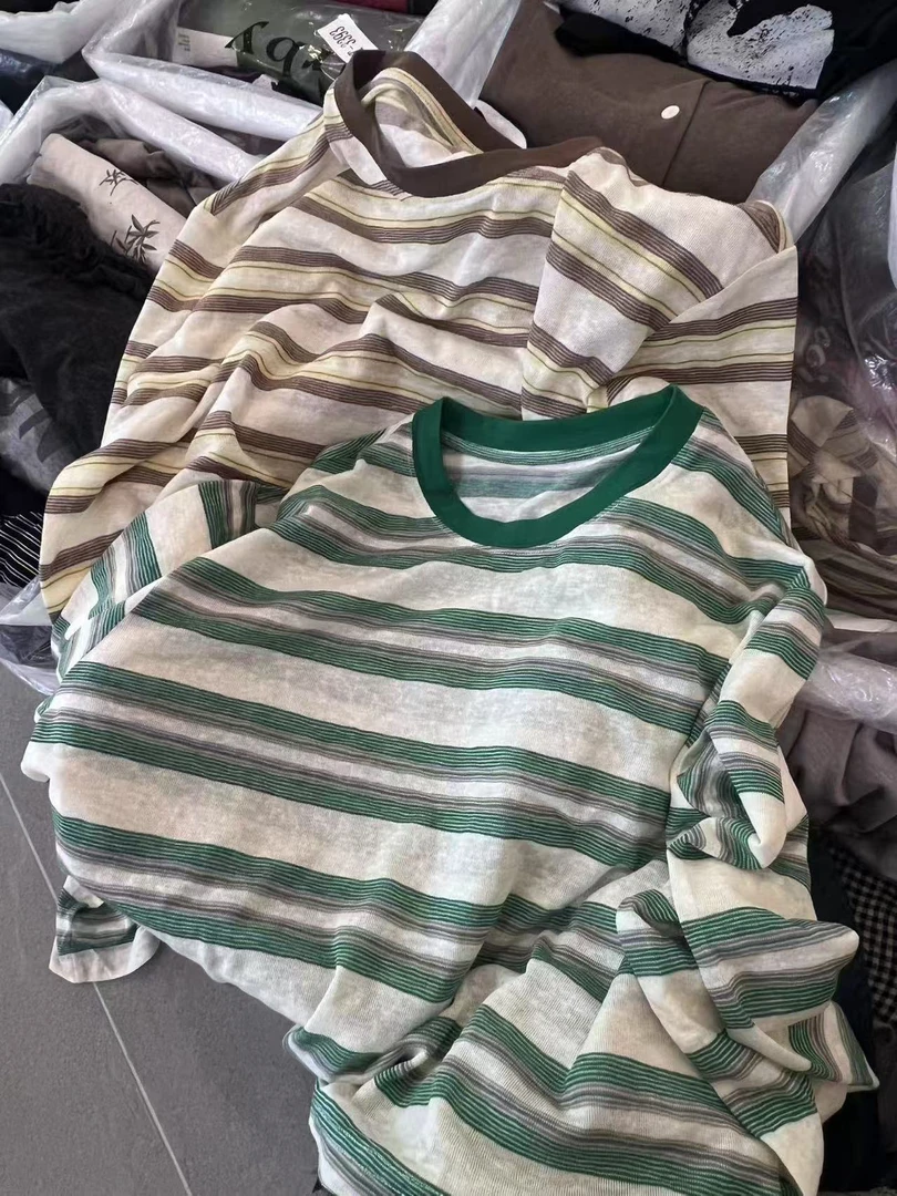 圆领夏季长袖T恤百搭宽松套装针织时尚潮流休闲薄款条纹