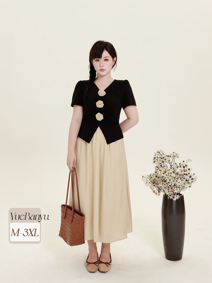 月半鱼【玫瑰海岸】法式显瘦立体花朵女高级感夏季假两件连衣裙黑色