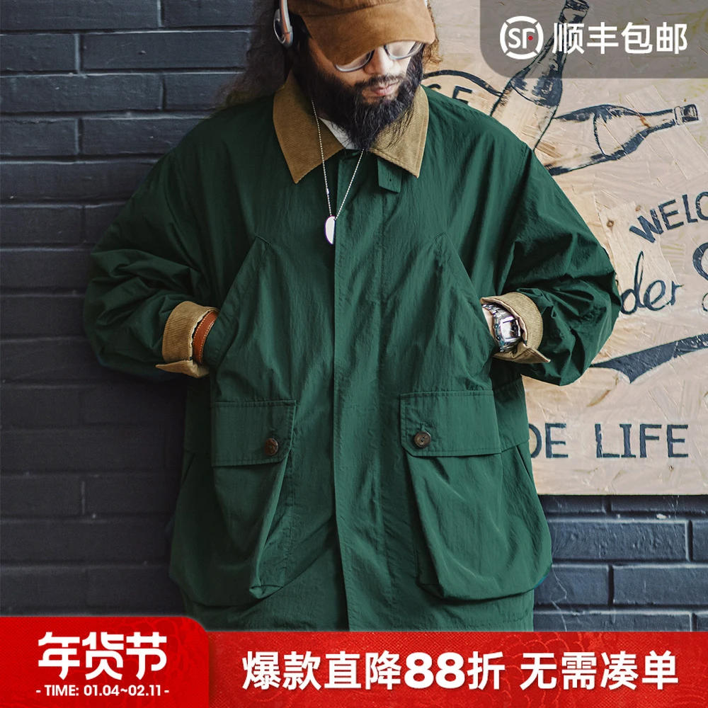 马登工装美式复古多口袋猎装夹克宽松撞色翻领中长款风衣外套男春