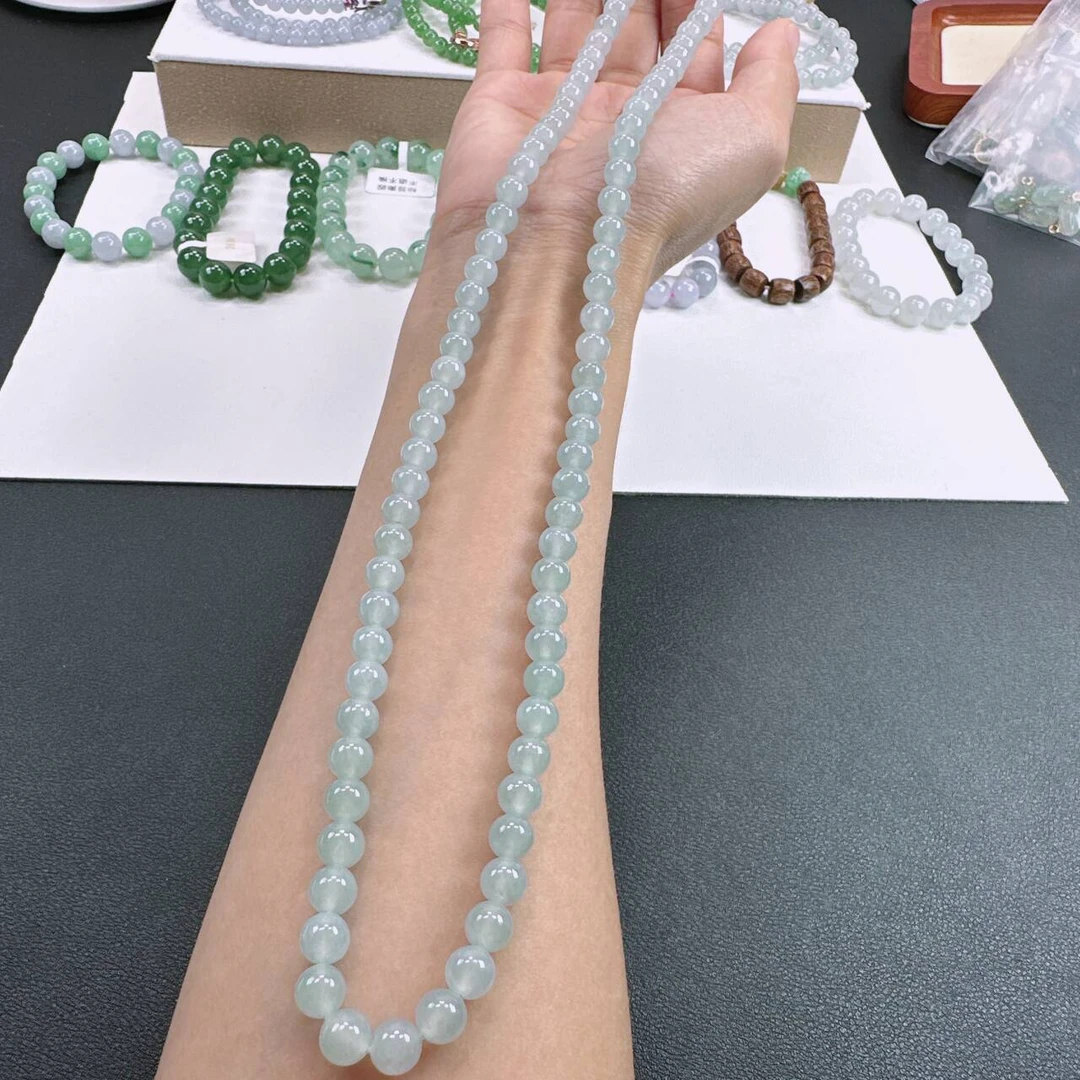 天然A货翡翠卡.9mm老坑冰胶水润天空蓝圆珠多圈女士手串项链