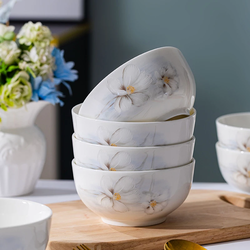 白兰映雪5英寸直口碗10只装釉下彩碗盘餐具防烫米饭碗创意吃饭碗