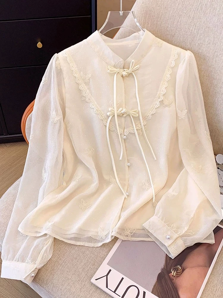 【艾丽莎定制】新中式国风刺绣衬衫女盘扣流苏别致长袖上衣 C-015