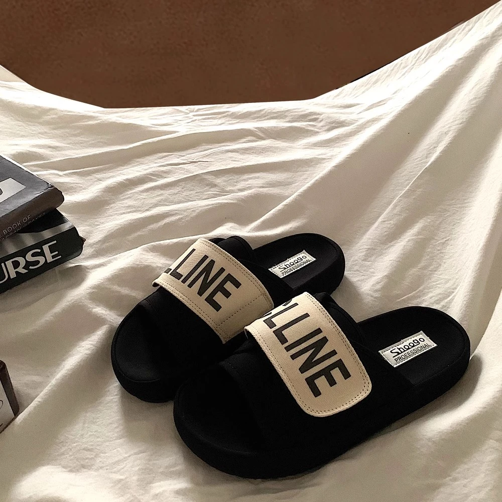 【万象撤柜】黑色厚底一字拖女夏2025外穿网红百搭港风防滑沙滩凉拖