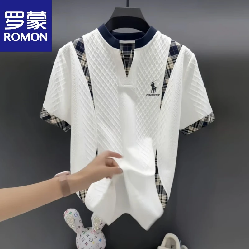 罗蒙2025新款夏季清爽感时尚潮流高品质休闲百搭轻奢刺绣男士短袖
