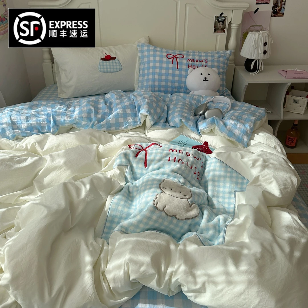 猫咪日记软萌卡通猫猫蓝房子亲肤四件套可爱贴布绣学生三件套被套