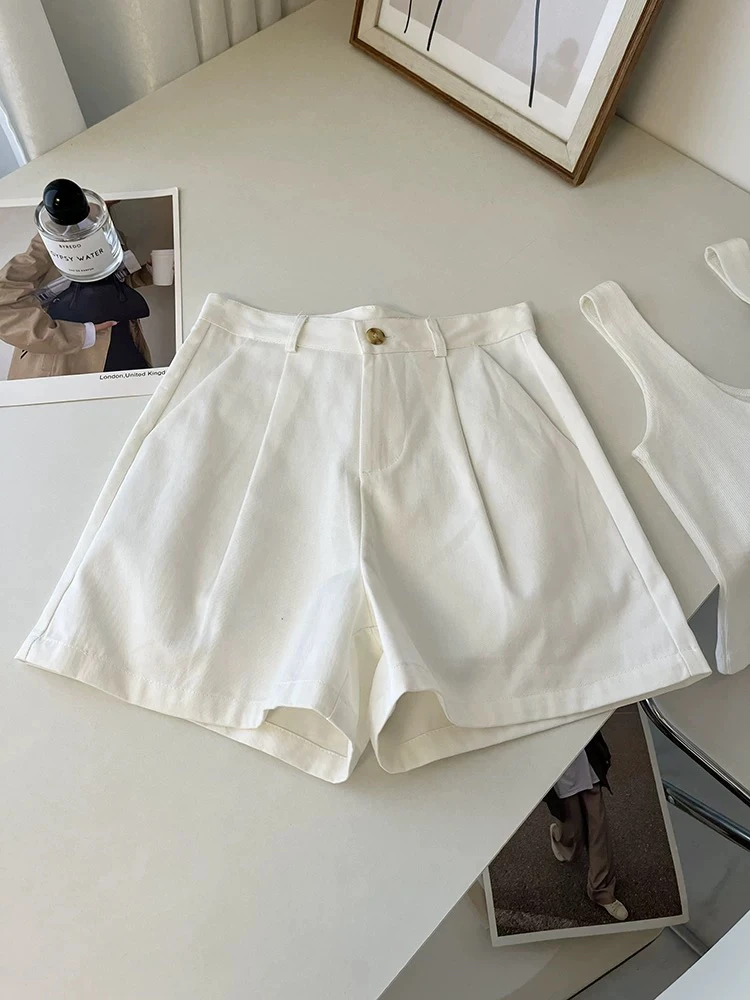 1444 韩系纯色休闲港风百搭高腰阔腿短裤（J11）
