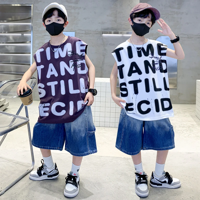 男童夏季痞帅中大童无袖套装休闲风夏季字母纯色薄款洋气男童套装