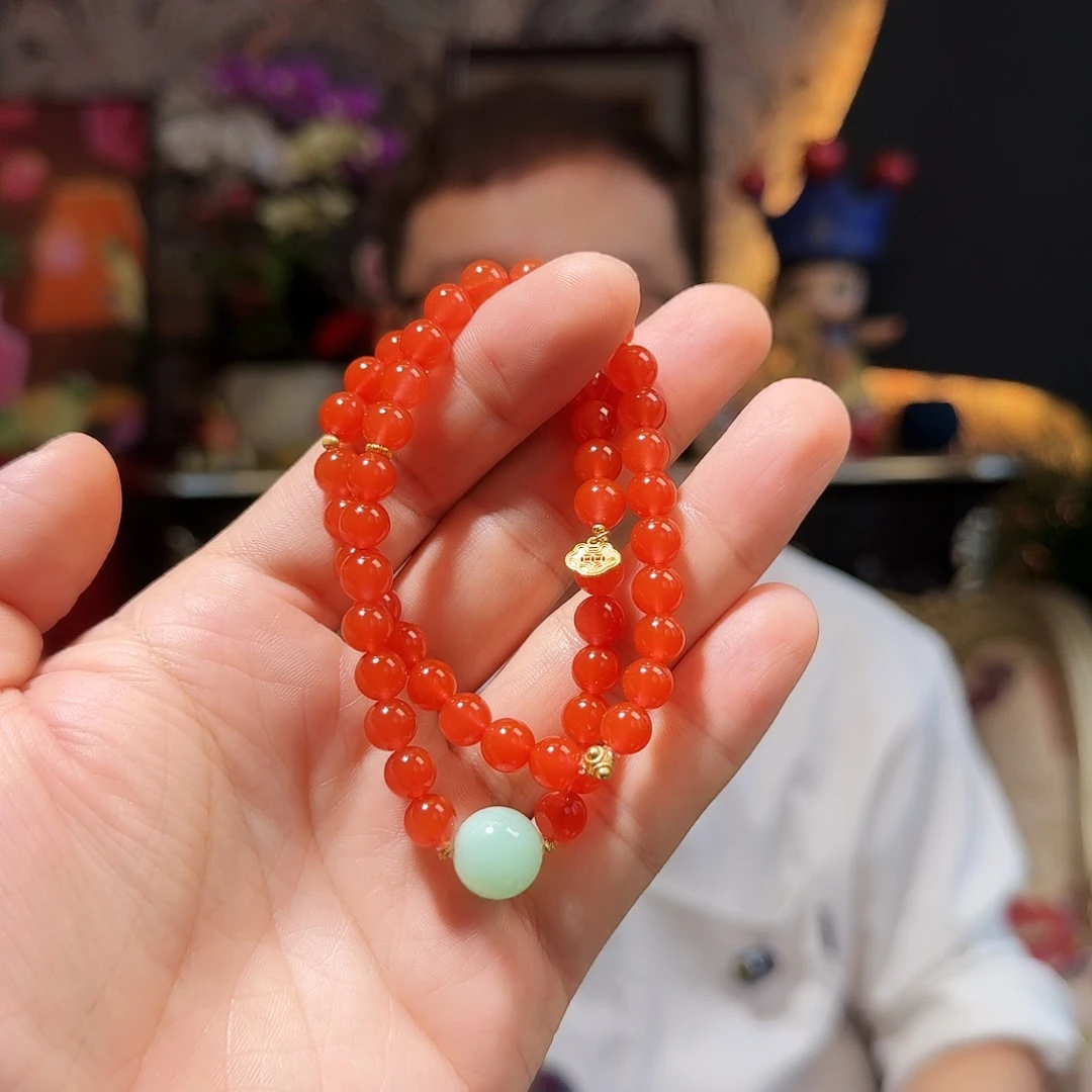 南红玛瑙18K金镶嵌手链7.2毫米