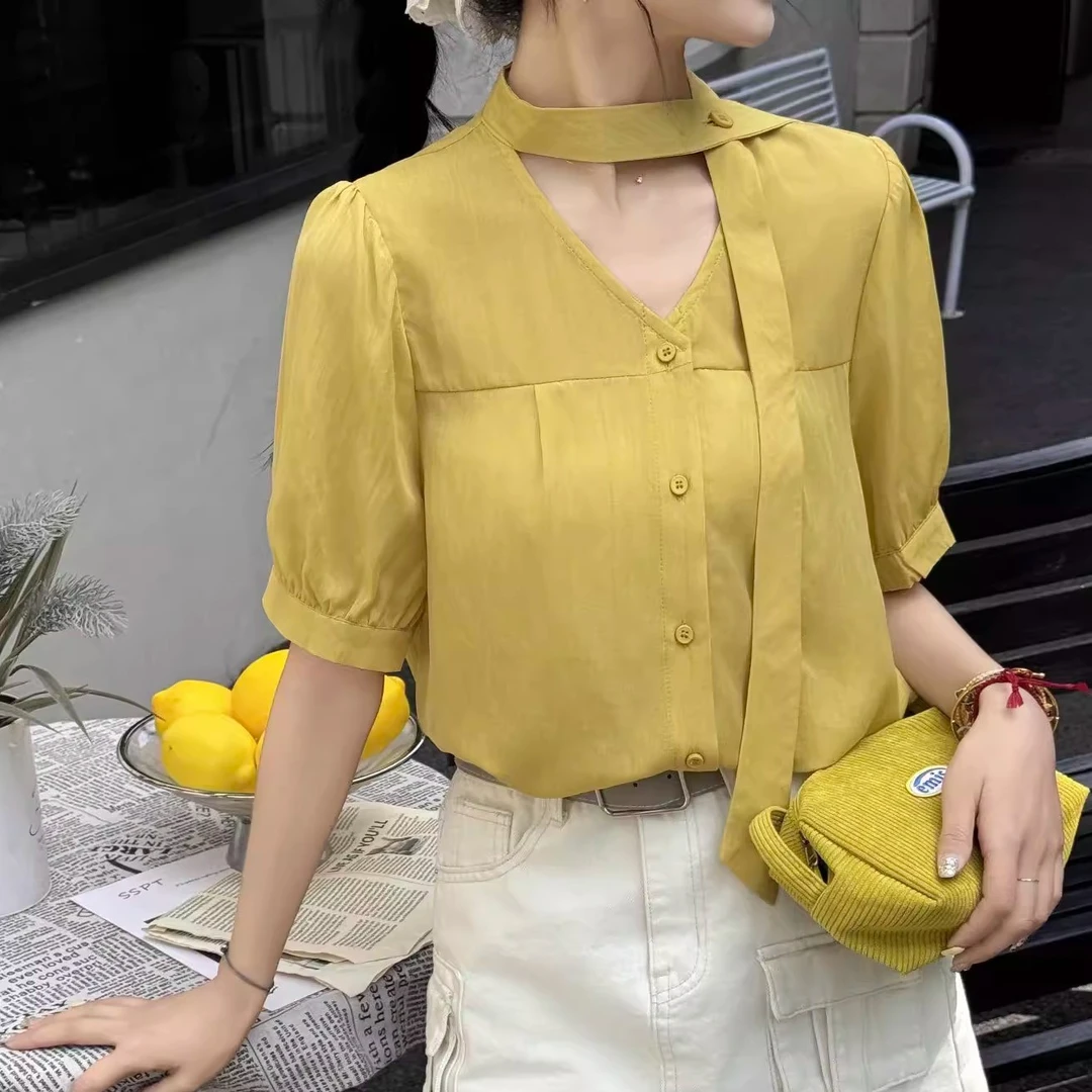 MISS RUILI 定制  2025新款法式飘带挂脖高级感衬衣F0743