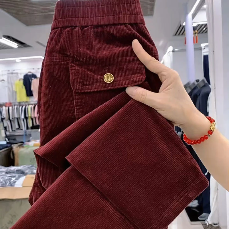 女裤小脚哈伦裤2025秋季新款灯芯绒高腰洋气百搭梨形舒适弹老爹裤
