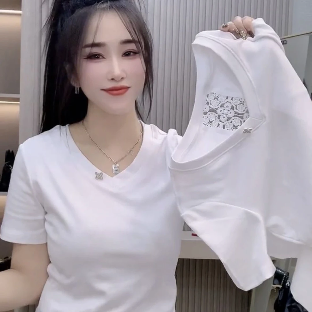 欧洲站2025夏季新款拼接后背蕾丝v领短袖t恤女时尚洋气百搭上衣潮