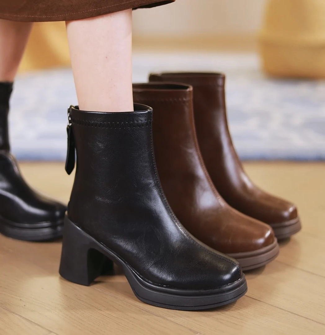 【品牌女鞋】英伦方头短靴秋季冬季后拉链高跟防滑粗跟黑色皮靴-888