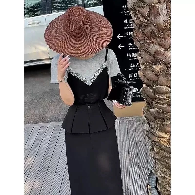 【土豆优选】设计感蕾丝边假两件短袖上衣