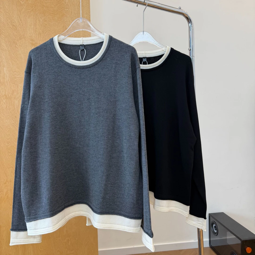 【柳条儿】极简高级感 韩系撞色假两件 通勤百搭羊毛针织衫