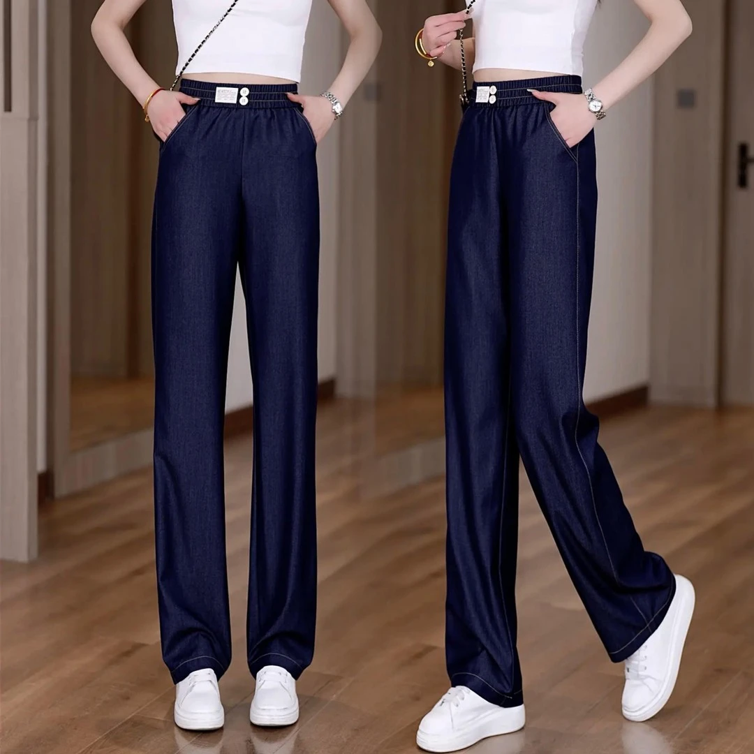 2025新款春夏季丹宁蓝女高腰显瘦弹力宽松休闲窄版直筒阔腿