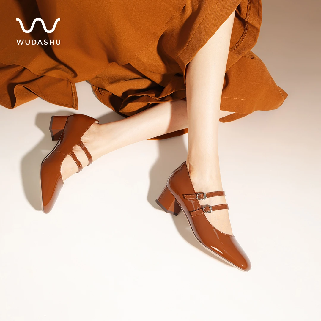 吴大叔红云鞋减震漆皮方头真皮复古一字带玛丽珍鞋粗跟高跟鞋Z282