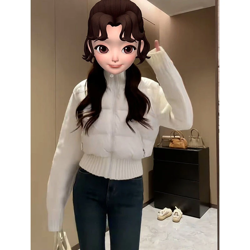 韩板设计感针织拼接棉服棉服外套女秋冬季新款立领宽松短款上衣
