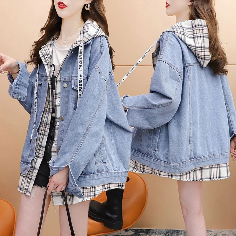 牛仔拼接设计感连帽薄款外套女春秋新款韩版宽松百搭外穿夹克上衣