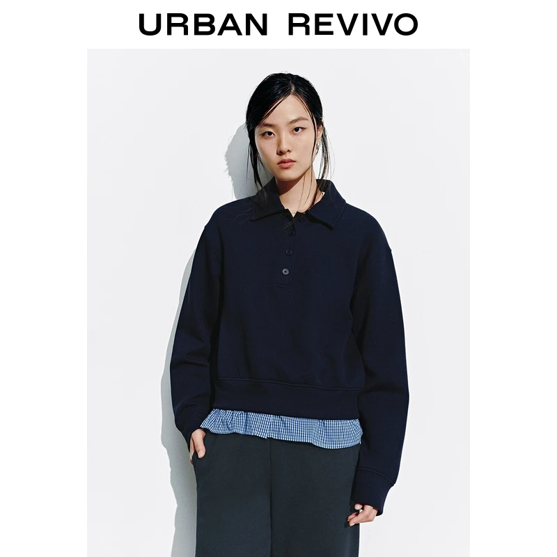 UR2025冬季新款女装休闲拼接格纹翻领宽松卫衣UYY450324
