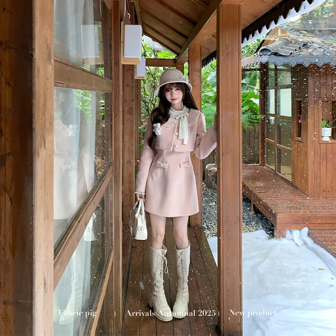 月光少女粉色 织物猪原创 精致千金感连衣裙女秋冬呢子短款外套