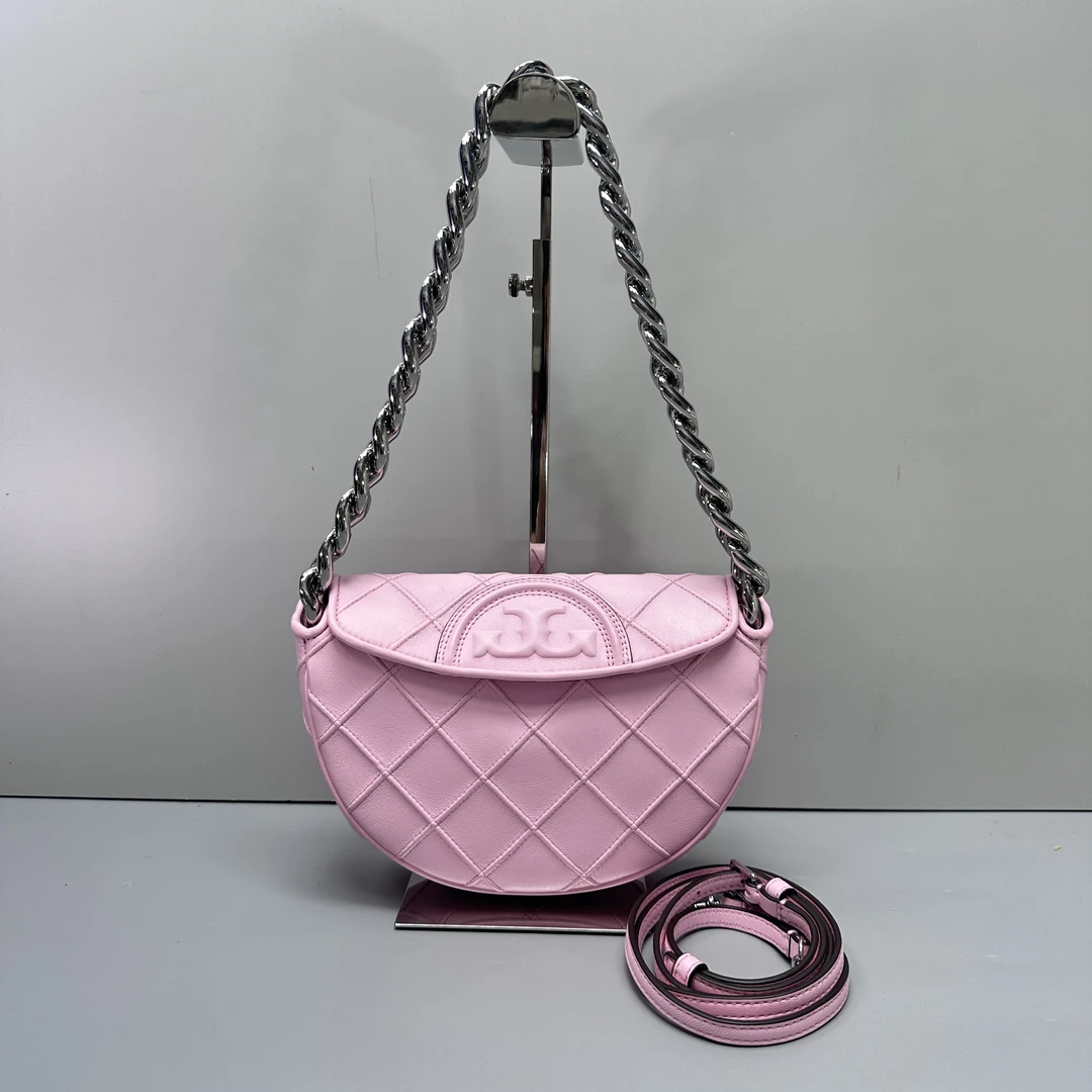 95新 TORY BURCH/汤丽柏琦 fleming粉色新月包23*14*5cmM082303