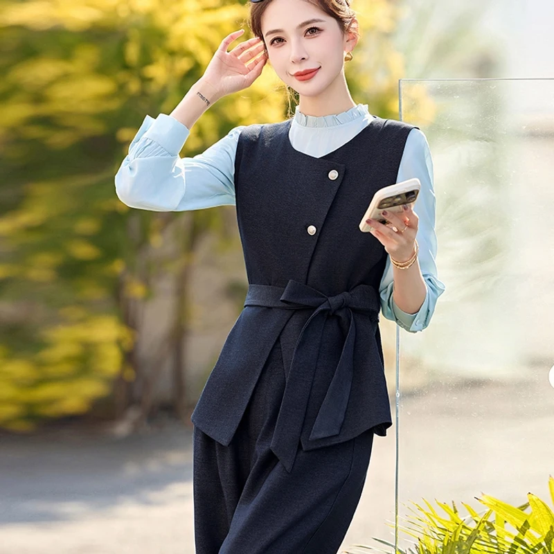 气质通勤女洋气马甲小衫阔腿裤三件套时尚套装春装2025新款高级感