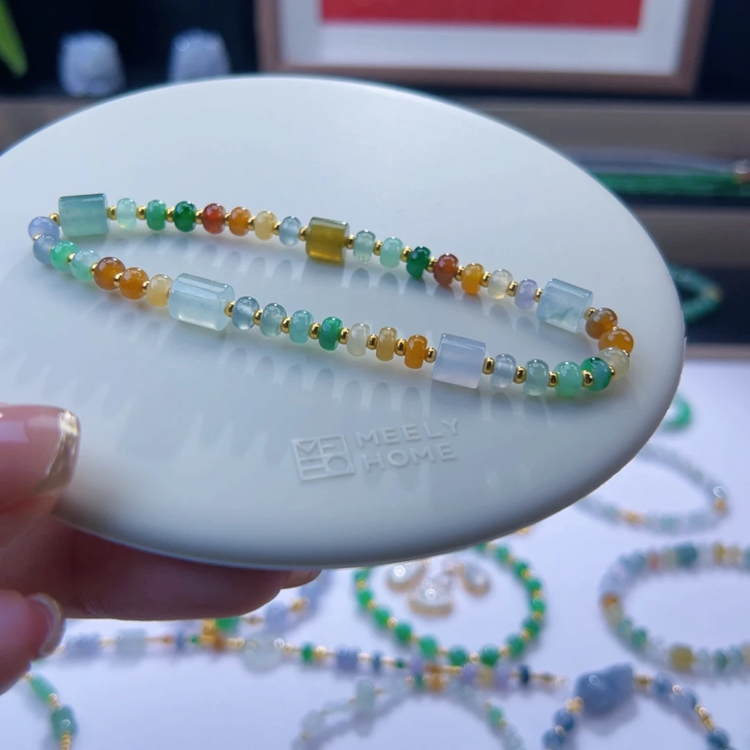 翡翠足金镶嵌手链缅料4.5算盘多宝珠