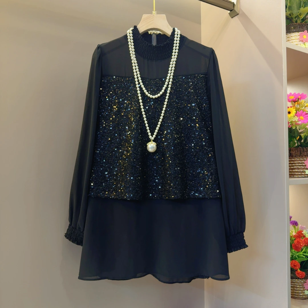 欧货重工洋气亮片气质显瘦长袖小衫衣长74左右