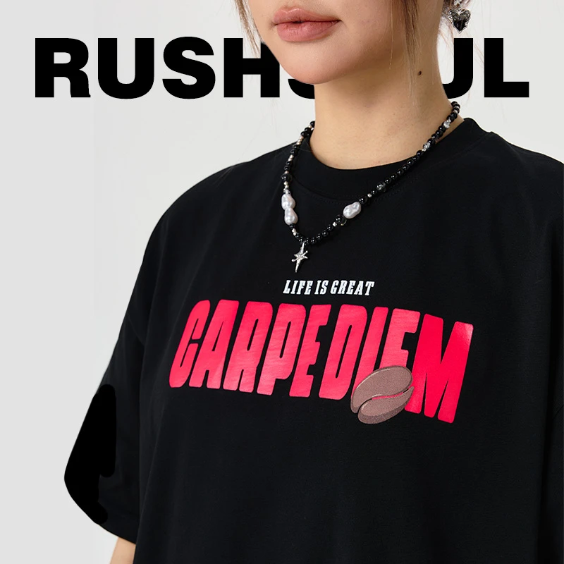 RUSHSOUL咖啡人ins印花圆领潮流个性宽松男女通用短袖美式复古T恤