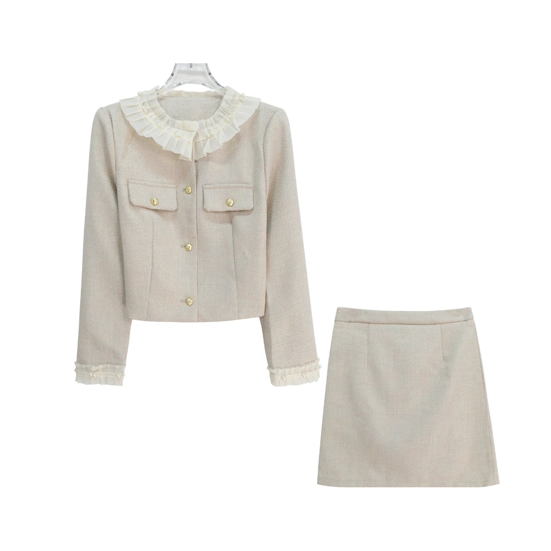 小香风甜美花边钉珠短上衣半身裙套装S2667