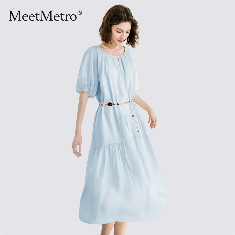 MeetMetro玛依尔海边度假风圆领连衣裙女2025夏装时尚宽松中长裙