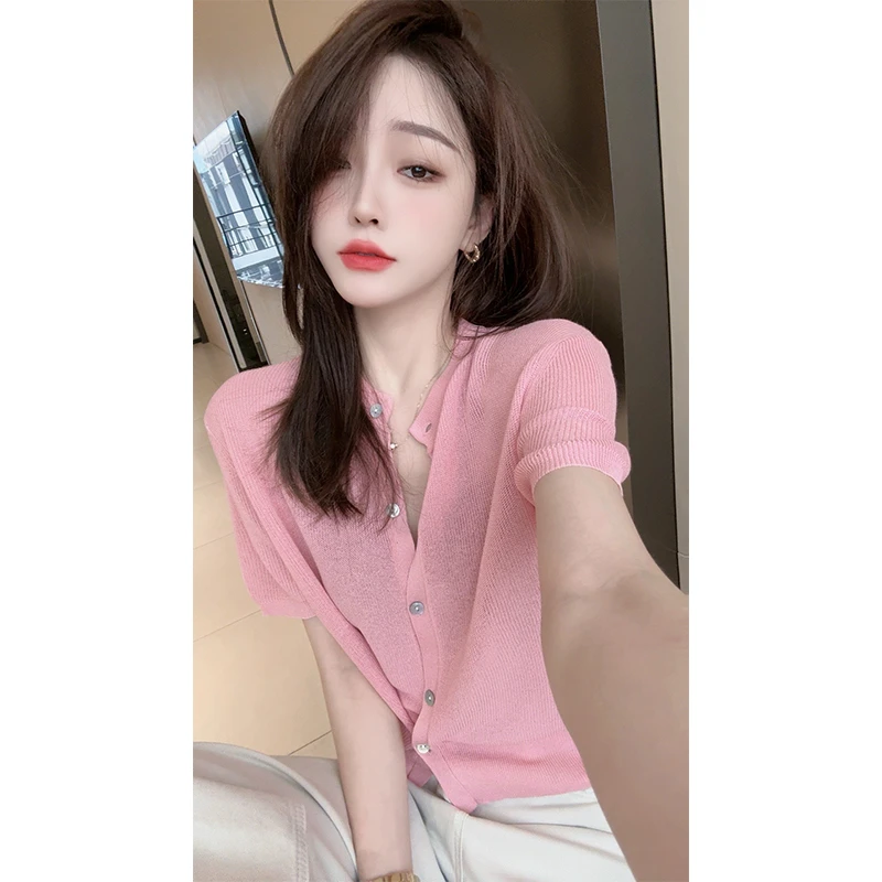 【CHEN】洋气多巴胺减龄粉色显白短袖针织上衣开衫200920