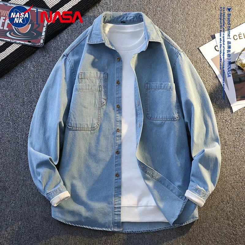 NASA联名牛仔长袖衬衫男士春秋季百搭潮流青少年复古休闲帅气衬衣