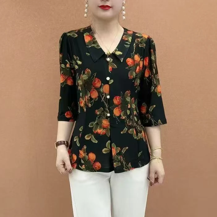 2025夏季新款娃娃领气质7分袖显瘦百搭上衣5698碎花遮肚