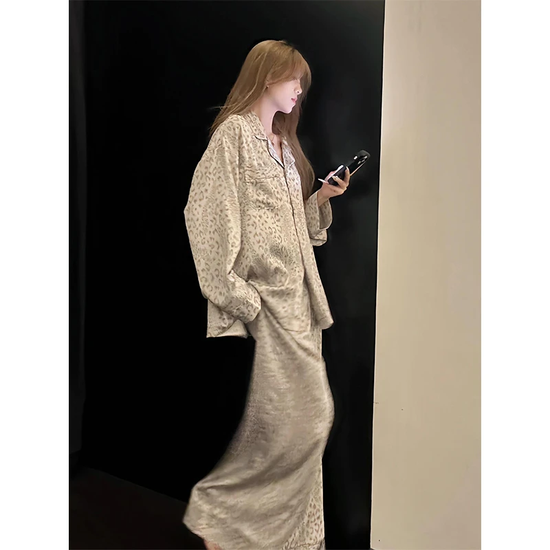 韩系复古轻奢豹纹冰丝睡衣女春秋季爆款长袖长裤可外穿家居服套装