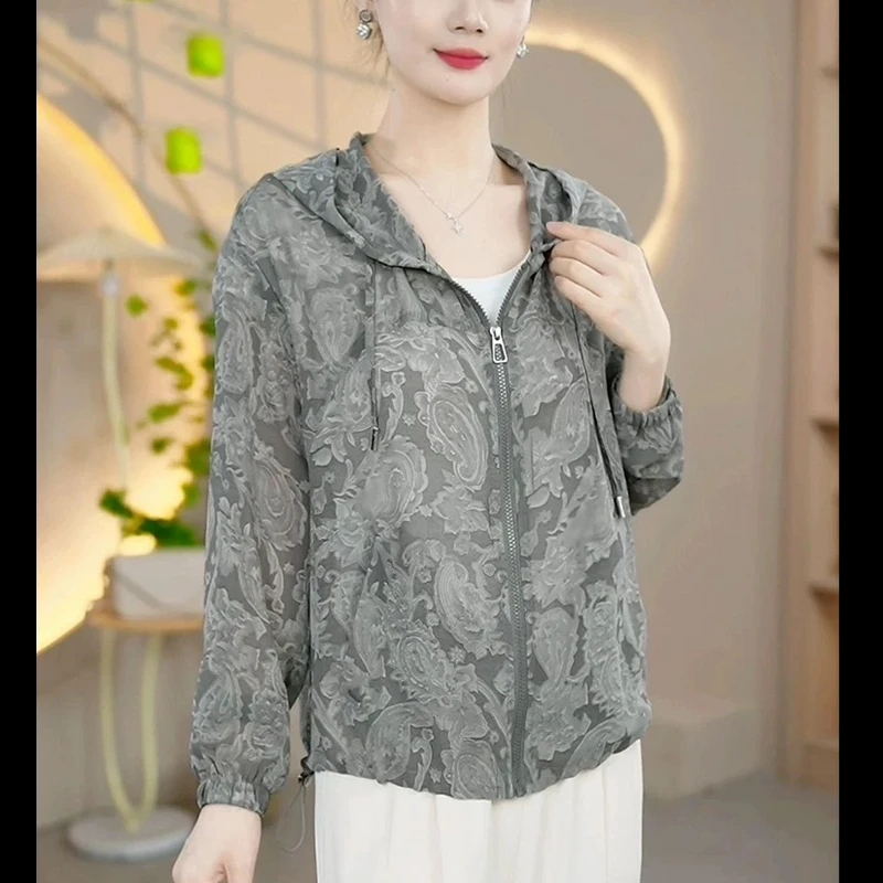 （运费补贴）防晒衣!春夏灰色复古印花连帽薄外套休闲宽松减龄女装.