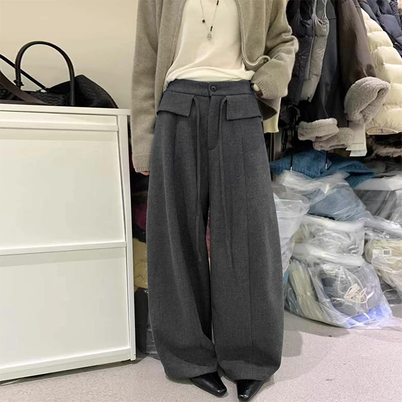 加绒毛呢弯刀裤女2025秋冬新款韩系复古垂感阔腿裤显瘦休闲气球裤