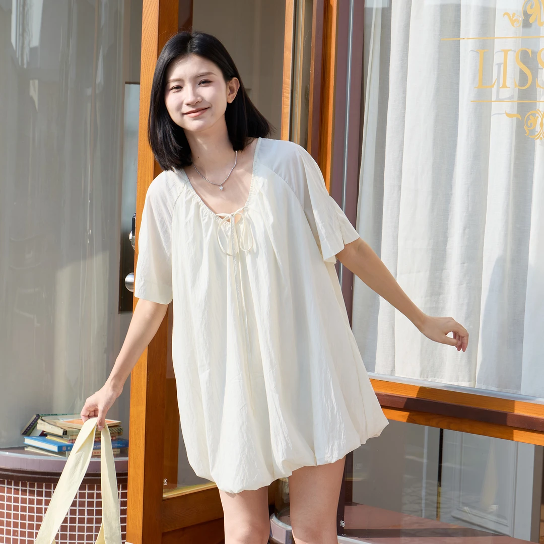 北欧时刻绑带V领设计气质宽松连衣裙夏季加宽加大女装短款新款