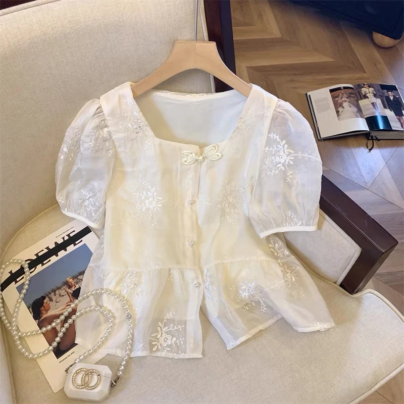 【001-200】夏季设计感盘扣宽松雪纺衬衫女小衫显瘦上衣