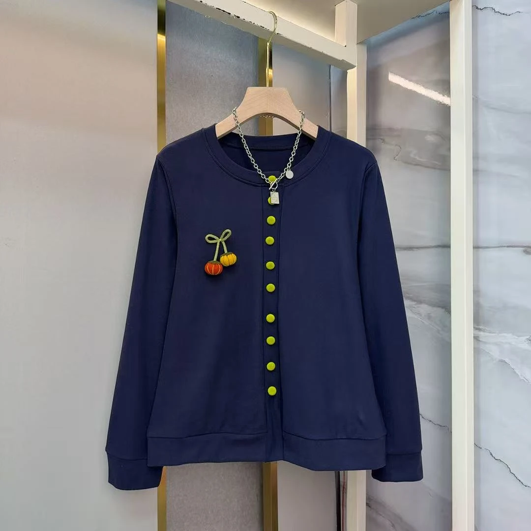 大码女装秋季新款圆领南瓜长袖开衫洋气上衣2025宽松减龄轻薄外套