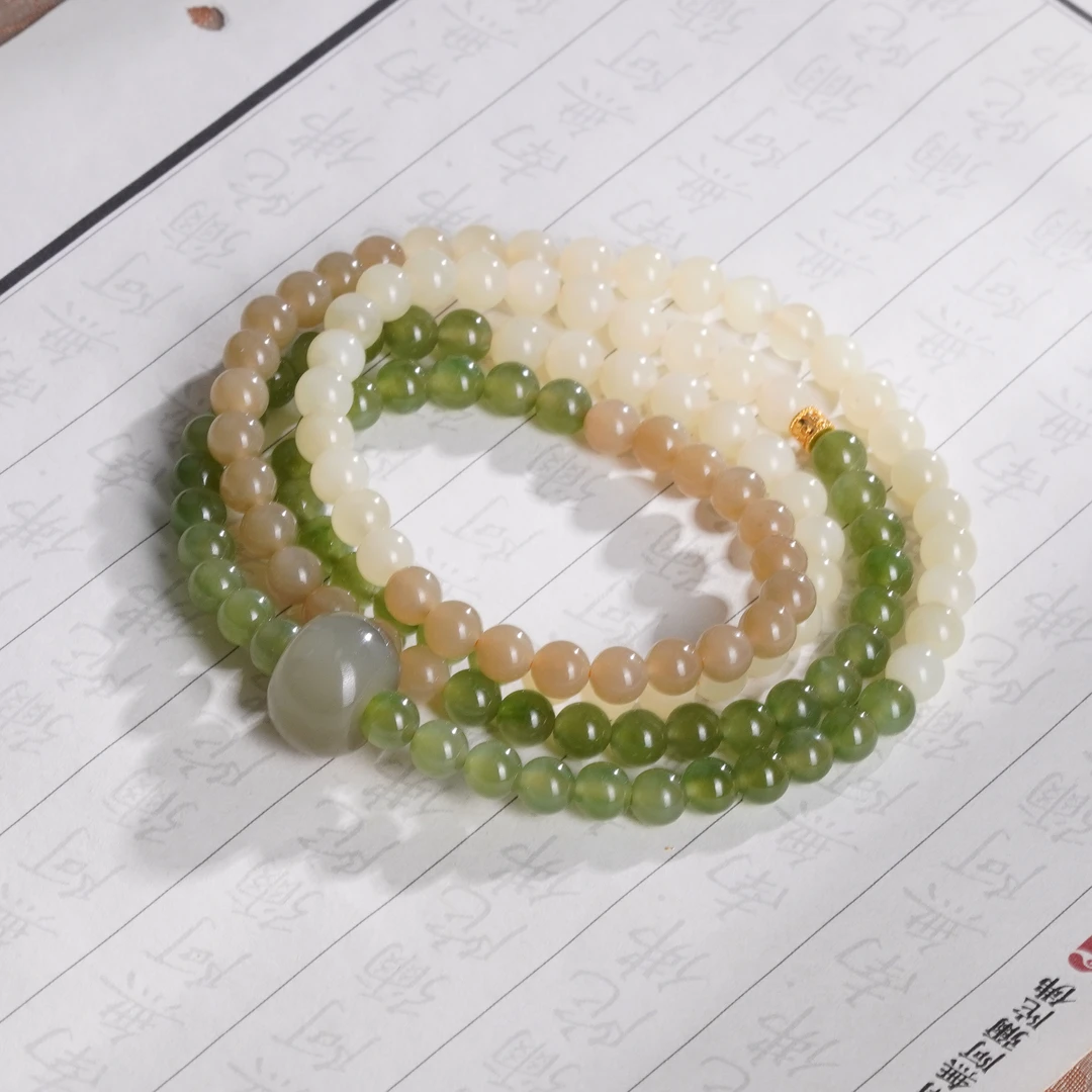 天然和田玉多宝手串简约18k金配饰设计款—多样性发其一