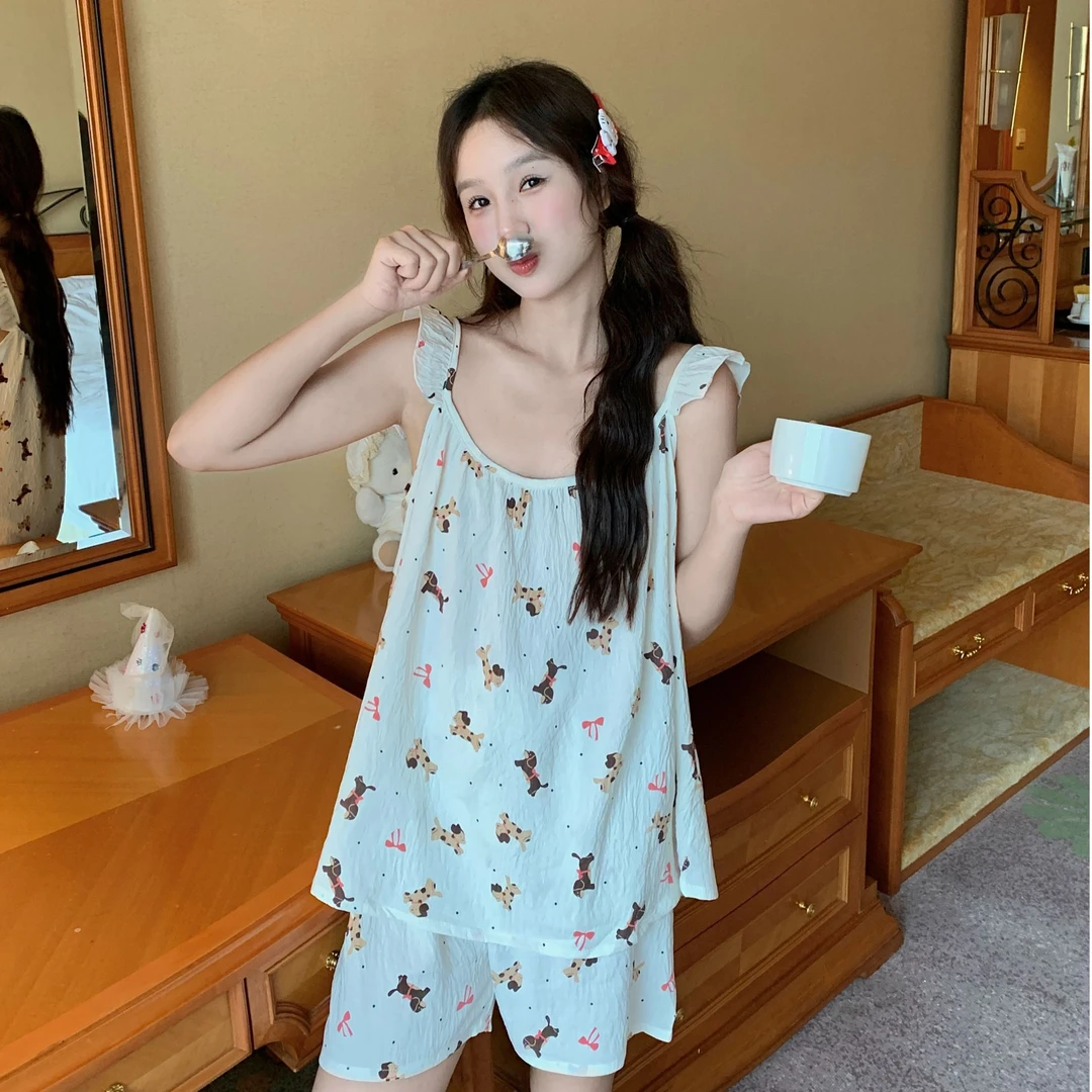 大码睡衣女夏季薄款无袖加宽加大可爱印花清凉透气亲肤家居服套装