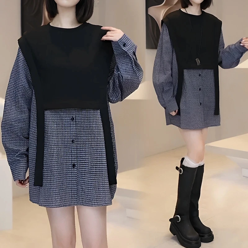 百搭拼接假两件格子衬衫女春季新款高级感洋气宽松长袖上衣