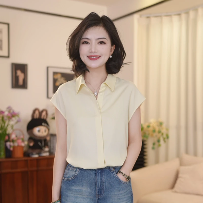 枫竺女装阿楠anan空气云感气质翻领飞袖纯色衬衫女春内搭衬衣背心