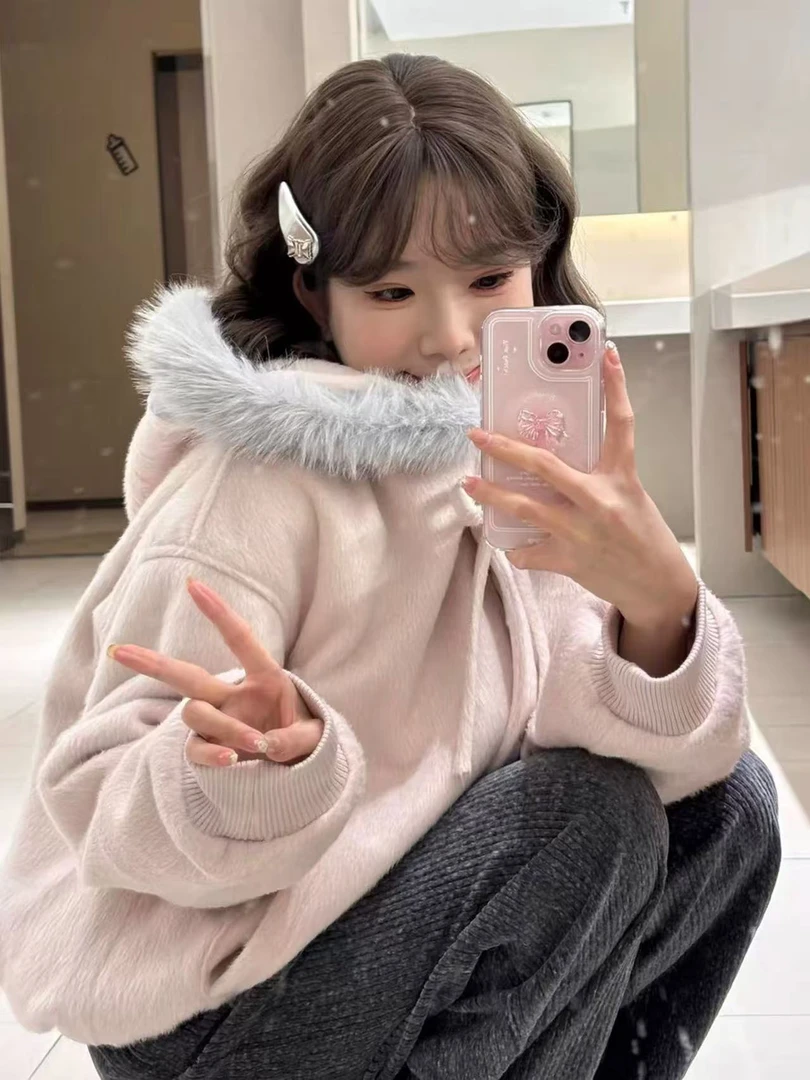 A364-软妹粉色连帽蝴蝶结绑带大毛领外套女春季学院风毛呢上衣